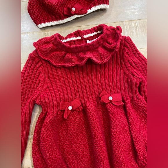 Shabby Chic baby girl knit romper dress set worn Pom Pom beret hat - Picture 2 of 12